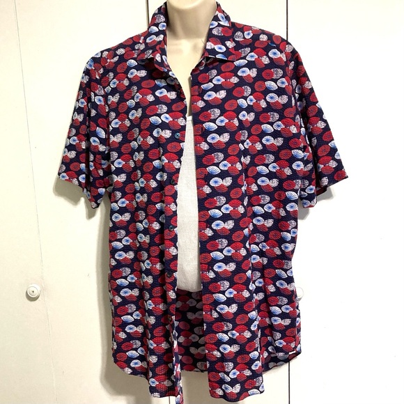 SAKS 5th Avenue Seersucker Short Sleeve Umbrella Design Button Shirt Men' Large - Picture 3 of 14